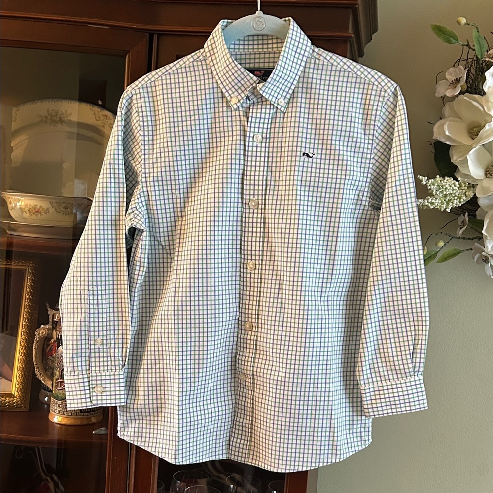 Vineyard Vines Blue and Green Button-Down Shirt S(8-10)